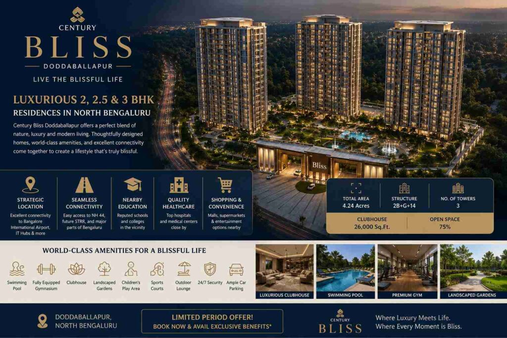 Century Bliss Bangalore residential project on Doddaballapur Road with luxury apartments and landscaped surroundings