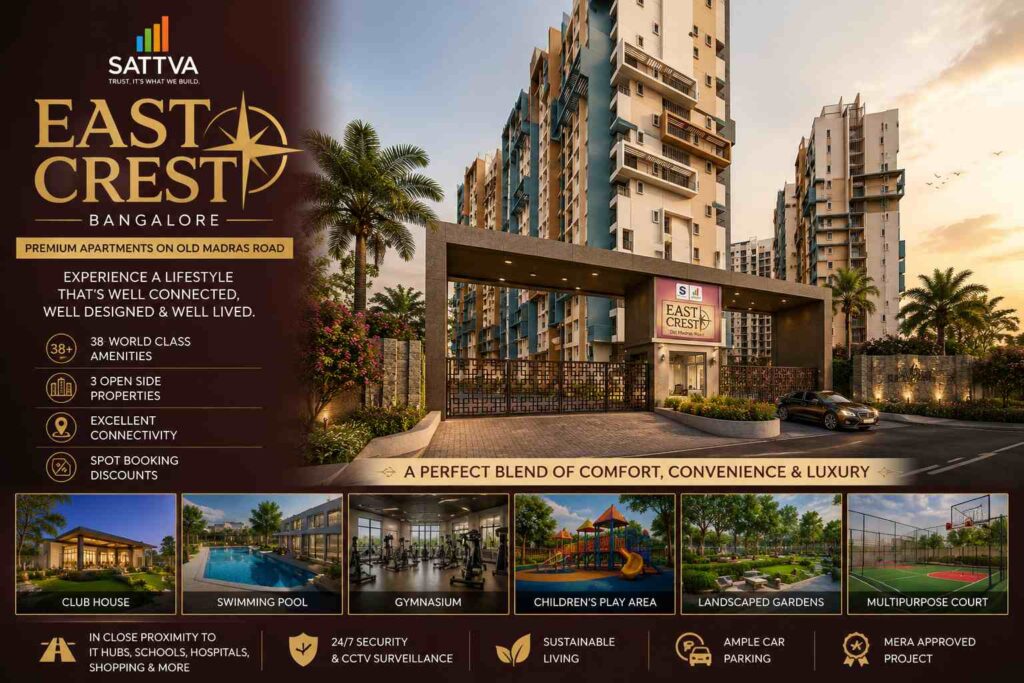 Introduction
Finding the perfect home in Bangalore requires careful consideration of location, connectivity, amenities, and long-term investment potential. Among the city's most promising residential destinations, Sattva East Crest Bangalore has established itself as a premium apartment project that offers a perfect balance of luxury, convenience, and modern living. Strategically located on Old Madras Road, this residential community provides excellent connectivity to Whitefield, KR Puram, ITPL, and other major business hubs, making it an ideal choice for professionals, families, and investors.
Developed by the renowned Sattva Group, the project reflects quality construction, elegant architecture, and thoughtfully designed living spaces. Residents enjoy beautifully landscaped surroundings, premium lifestyle amenities, and a secure gated community that enhances everyday living. The growing infrastructure of East Bangalore, coupled with expanding metro connectivity and commercial development, has further increased the demand for residential properties in this corridor.
Whether you are looking for a comfortable family home or a high-potential real estate investment, Sattva East Crest Bangalore offers exceptional value. In this detailed guide, we explore the project's highlights, location advantages, apartment features, amenities, connectivity, investment potential, Sattva East Crest Reviews, and the reasons why it remains one of the preferred residential developments in East Bangalore.
About Sattva East Crest Bangalore
Developer Overview
Sattva East Crest Bangalore is developed by the trusted Sattva Group, one of India's leading real estate developers with an outstanding track record of delivering residential, commercial, IT parks, and mixed-use developments. The company is widely recognised for maintaining high construction standards, transparent business practices, innovative planning, and timely project delivery.
Over the years, Sattva Group has successfully completed numerous landmark developments across Bangalore and other major Indian cities. Their projects are designed with a strong focus on quality, sustainability, customer satisfaction, and long-term value. Homebuyers appreciate the developer's commitment to creating residential communities that combine modern architecture with practical living solutions.
With Sattva East Crest Bangalore, the developer continues its legacy by offering premium apartments in one of East Bangalore's fastest-growing locations. The project is thoughtfully planned to provide spacious homes, world-class amenities, landscaped open spaces, and a secure environment that meets the lifestyle expectations of modern families.
Project Highlights
Sattva East Crest Bangalore is designed to deliver a premium residential experience through quality construction, modern architecture, and thoughtfully planned infrastructure. Every aspect of the project has been carefully developed to provide comfort, convenience, and long-term value.
Key highlights include premium apartments with spacious layouts, landscaped gardens, modern clubhouse, swimming pool, gymnasium, children's play area, jogging track, indoor and outdoor sports facilities, multipurpose hall, dedicated parking, and 24/7 security with CCTV surveillance. The project's strategic location on Old Madras Road ensures excellent connectivity to Whitefield, KR Puram, ITPL, and major commercial hubs.
Its combination of lifestyle amenities, excellent location, and trusted developer makes Sattva East Crest Bangalore a highly desirable address for both end-users and investors.
Why Invest in Old Madras Road, Bangalore?
Airport & City Connectivity
One of the strongest advantages of Sattva East Crest Bangalore is its location on Old Madras Road, a major arterial route connecting East Bangalore with the rest of the city. Residents enjoy convenient access to Whitefield, KR Puram, Indiranagar, Mahadevapura, ITPL, Outer Ring Road, and the Central Business District.
The nearby metro connectivity significantly improves public transportation while reducing travel time to important commercial destinations. Well-developed road infrastructure also provides smooth connectivity to Kempegowda International Airport, making the project attractive for business professionals and frequent travellers.
Infrastructure Growth
Old Madras Road has witnessed remarkable transformation through continuous infrastructure development, flyovers, metro expansion, road widening, and commercial growth. These developments have significantly enhanced the area's accessibility and residential appeal.
The presence of shopping malls, supermarkets, healthcare centres, educational institutions, entertainment destinations, and commercial establishments has created a vibrant urban ecosystem. Continued government investments in transportation and civic infrastructure are expected to support further appreciation in property values.
Employment Opportunities
East Bangalore is one of India's largest technology and business corridors. Major employment hubs such as Whitefield, ITPL, Bagmane Tech Park, and Outer Ring Road attract thousands of professionals every year. This strong employment ecosystem has created sustained demand for premium residential apartments close to workplaces.
Professionals prefer projects like Sattva East Crest Bangalore because they offer shorter commute times, excellent connectivity, and a superior lifestyle. As more multinational companies establish operations in East Bangalore, residential demand is expected to remain strong for years to come.
Premium Apartments
Spacious Apartment Layouts
The apartments at Sattva East Crest Bangalore are thoughtfully designed to maximise space, natural light, and ventilation. Spacious living rooms, elegant bedrooms, modern kitchens, premium bathrooms, and large balconies create comfortable homes suitable for contemporary family living.
High-quality finishes, stylish interiors, and efficient layouts ensure that every apartment provides both functionality and aesthetic appeal.
Smart Floor Plans
Every apartment is planned with efficient space utilisation, ensuring minimal wastage and maximum comfort. Open living and dining areas, well-positioned bedrooms, functional kitchens, and large windows contribute to a bright and airy living environment.
The intelligent planning enhances everyday convenience while providing residents with practical storage solutions and flexible living spaces.
Premium Lifestyle
The apartments combine elegant architecture with premium specifications, offering residents a sophisticated urban lifestyle. Beautiful interiors, quality fittings, modern kitchens, and spacious balconies create homes that are both stylish and comfortable.
Master Plan & Project Design
Wide Internal Roads
The community features well-planned internal roads, pedestrian-friendly pathways, organised parking, landscaped avenues, and smooth traffic circulation. These infrastructure elements enhance convenience while improving the overall appearance of the project.
Green Landscapes
Beautifully landscaped gardens, parks, jogging tracks, children's play zones, and open recreational spaces create a refreshing environment where residents can relax and enjoy nature.
Sustainable Development
Rainwater harvesting, efficient water management, energy-efficient lighting, waste management systems, and eco-friendly landscaping contribute to sustainable living and long-term environmental responsibility.
World-Class Amenities
Clubhouse
The modern clubhouse serves as the social centre of the community, offering indoor games, multipurpose halls, lounges, and recreational facilities for residents of all age groups.
Swimming Pool & Fitness Centre
Residents enjoy access to a modern swimming pool, fully equipped gymnasium, yoga spaces, jogging track, and wellness facilities that promote an active lifestyle.
Sports & Recreation
Children's play areas, indoor games, outdoor sports courts, landscaped parks, and community spaces provide recreational opportunities for the entire family.
Security
The gated community offers 24/7 security personnel, CCTV surveillance, visitor management, controlled access, and well-lit internal roads, ensuring complete peace of mind.
Connectivity & Nearby Landmarks
Whitefield
Whitefield, one of Bangalore's largest IT destinations, is easily accessible from the project, making it highly attractive for working professionals.
KR Puram
KR Puram provides metro, railway, and road connectivity, allowing residents to travel conveniently across Bangalore.
Schools & Hospitals
Several reputed schools, colleges, multispecialty hospitals, and healthcare centres are located nearby, ensuring residents enjoy quality education and healthcare services.
Shopping & Entertainment
Shopping malls, supermarkets, restaurants, cafes, multiplexes, and entertainment destinations are located within easy reach, enhancing everyday convenience.
Sattva East Crest Reviews
Homebuyers appreciate Sattva East Crest Bangalore for its trusted developer, quality construction, strategic location, spacious apartments, premium amenities, and excellent connectivity. The peaceful environment and well-maintained community make it a preferred residential destination in East Bangalore.
Price & Investment Potential
The project offers excellent long-term investment potential due to its prime location, expanding infrastructure, and growing residential demand. East Bangalore continues to experience healthy appreciation driven by IT growth, metro connectivity, and commercial expansion.
Why Choose Sattva East Crest Bangalore?
Choosing Sattva East Crest Bangalore means investing in a premium lifestyle supported by trusted construction, excellent connectivity, modern amenities, and strong appreciation potential. The project successfully combines convenience, comfort, and investment value.
Final Verdict
For homebuyers seeking premium apartments in East Bangalore, Sattva East Crest Bangalore offers everything required for modern urban living. Its strategic location, excellent infrastructure, lifestyle amenities, and developer reputation make it one of the most attractive residential investments in the city.
Conclusion
Whether you are purchasing your first home or expanding your investment portfolio, Sattva East Crest Bangalore represents an excellent opportunity. The combination of location, connectivity, premium amenities, and long-term appreciation makes it a highly desirable residential project for families and investors alike.
Frequently Asked Questions
1. Where is Sattva East Crest Bangalore located?
It is located on Old Madras Road, East Bangalore, with excellent connectivity to Whitefield, KR Puram, and major IT hubs.
2. Who is the developer?
The project is developed by the trusted Sattva Group.
3. Is Sattva East Crest Bangalore a good investment?
Yes, thanks to its strategic location, premium amenities, and strong future appreciation potential.
4. What amenities are available?
Residents enjoy a clubhouse, swimming pool, gymnasium, landscaped gardens, children's play area, sports facilities, and 24/7 security.
5. Why choose Sattva East Crest Bangalore?
Sattva East Crest Bangalore premium apartments on Old Madras Road with modern amenities and landscaped gardens