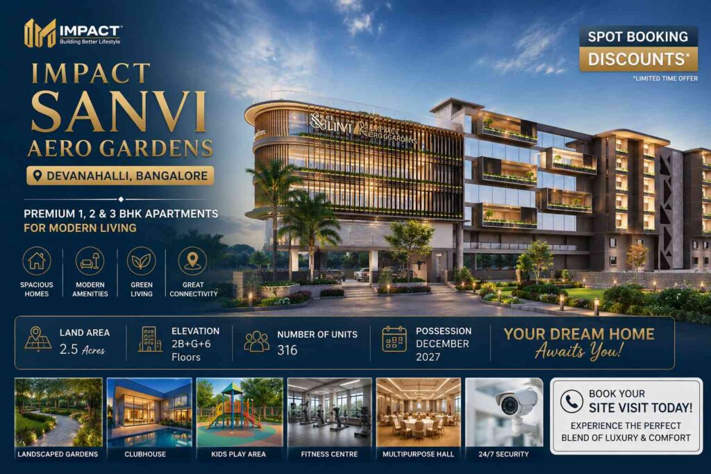 Clubhouse, swimming pool, landscaped gardens, children's play area, and premium lifestyle amenities at Impact Sanvi Aero Gardens in Devanahalli.